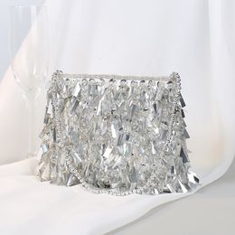 Evening Bags Silver Sequin Tassel Women small Crossbody Handmade Beaded Ladies Party Clutch Purse Fashion Handbags B473 230817