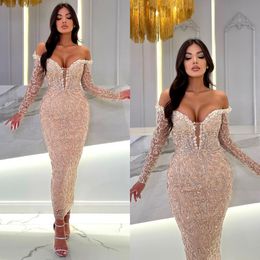 Elegant Champagne Mermaid Evening Dresses Off Shoulder Sequins Lace Party Prom Dress Long Dress for special occasion