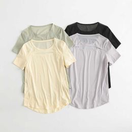 Lulu Love Crewneck Sculpt Yoga Mesh Shirts Sweat-wicking Classic Fit Hip Length T-Shirt Summer Back Cutout Lightweight Top Summer Tee