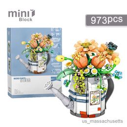 Blocks Creative Watering Can Potted Assembled Building Blocks Flower Plant Bonsai Bouquet 3d Model Decoration DIY Children's Toy Gift R230817