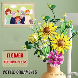 Blocks DIY Flower Building Block Girl Gift Romantic Rose Chrysanthemum Bouquet Plant Home Potted Decoration Children Assembling Toy R230817