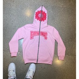 Men's Hoodies Sweatshirts Hight street Men's Pink sunflower print zipper hoodie punk Fashion y2k jacket oversized streetwear gothic loose high quality top 230816