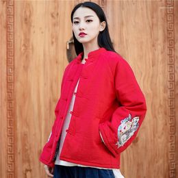 Women's Trench Coats Women Cotton Linen Retro Embroidered Pattern Padded Coat Outwear Ladies Vintage Embroidery Single Breasted Stand Collar