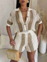 Women's Two Piece Pants Weird Puss Crochet Hollow Two Piece Set Women Tracksuit Shorts Sleeve Bottom Cardigan TopsShorts Matching Streetwear Outfits J230816