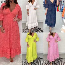 Free Shipping 2023 Fashion Plus Size Summer Dresses Loose Fitting High Waist Embroidered Solid Colour Long Maxi Dress