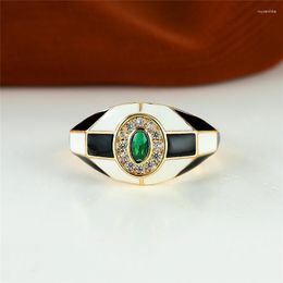 Wedding Rings Trendy Female Black Enamel Open Ring Classic Gold Color Engagement Dainty White Green Zircon Stone For Women