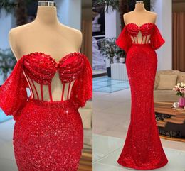 Shiny Red Sequined Mermaid Prom Celebrity Dresses Sexy Off Shoulder Corset Hollow Out Special Occasion Party Gowns For Women Engagement Reception Dress CL2725