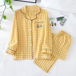 Women's Sleepwear Spring Women Yellow Plaid Loose Pyjamas Plus-size Long-sleeved Lapel Rayon Lounge Wear 2 Piece Sexy Nightwear Home Set