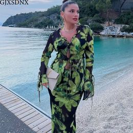 Two Piece Dress GJXSDNX Print Y2K TRAF Mesh Long Sleeve Top Shirts Green and Maxi Skirt Bodycon Sexy Sets Beach Outfits Women Club 230817