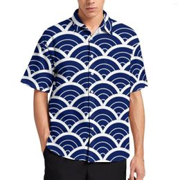 Men's Casual Shirts Seigaiha Print Shirt Vintage Blue Wave Beach Loose Hawaiian Harajuku Blouses Short Sleeve Design Oversized Tops