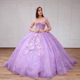 Lavender Shiny Sweetheart Quinceanera Dress Ball Gown Long Sleeved 3DFlowers Appliques Beading Corset Pageant Sweet 15 Party