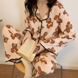 Women's Sleepwear 2 Piece Pyjama Set Women Ice Silk Cartoon Bear Japan Night Suit Cardigan Cosy Nightgowns Girls Home Clothing Long Pant