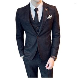 Men's Suits Navy Blue Striped Suit 3-piece Set Men (Blazer Vest Pant) Business Wedding Party Black Grey