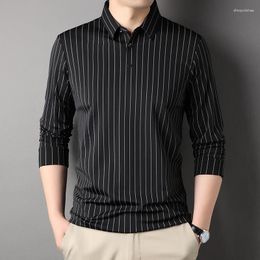 Men's Polos Long Sleeve Polo Shirts High Quality Vertical Stripe Business Casual Spring Autumn Male Simple Man Tees
