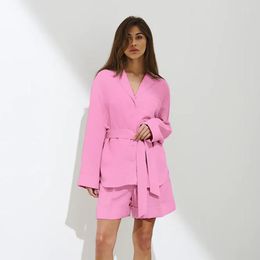 Women's Tracksuits 2023 Autumn Short Robe Shorts Two Piece Set For Women Fashion Pink Cotton Linen Long Sleeve Holiday Wrapped
