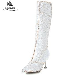 Dress Shoes Sgesvier winter stilettos pointed toe knee high boots gold silver glitter fashion bling women OX830 230816