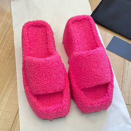 Slippers Summer Wool Black Pink Blue Lambswool Chic Outdoor Platform Sandal Trendy Wedges High Heels Slides for Women Shoes 230816