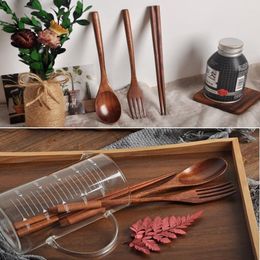 Chopsticks 3Pcs/Set Wooden Tableware Spoons Fork Set Portable Korean Table Dinner Wood Long Handle Soup Spoon Kitchen Utens