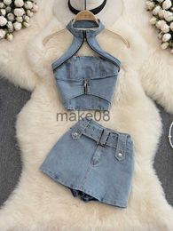 Women's Two Piece Pants Sexy Women Summer Denim Jeans Halter Tops Mini Shorts Skirt Outfits Suits Backless Sashes Chic Style Bodycon High Waist Vestidos J230816