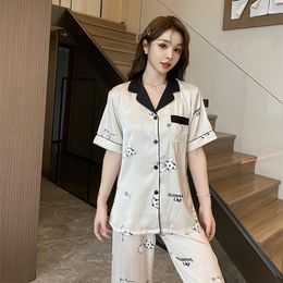 Women's Sleepwear Ice Silk Pyjamas Set For Women Cartoon Printed Turn-down Collar Short Sleeve Tops And Long Pants Nightgown Fashion