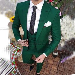 Men's Suits Casual Green Men Peaked Lapel Groom Wedding Tuxedos Slim Fit Business Blazers 3 Pieces Jacket Pants Vest Set Costume Homme