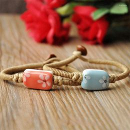 Strand 1 Piece Women Men Weave Rope Charm Bracelets Painting Flower Ceramic Beads Cuff Bangles Link Chains Wristbands Handmade Jewelry