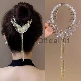 Elegant Pearl Tassel Rhinestone Hair Pins Grab Clip Luxury Wings Bun Hair Claw for Girl Woman Temperament Shark Hair Clips Gifts x0817