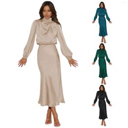 Casual Dresses Women's Mock Neck Satin Dress Elegant Long Sleeve Elastic High Chiffon Summer Deb Shops