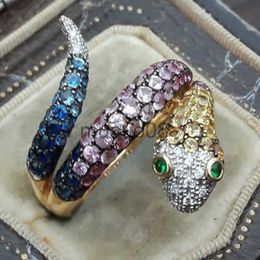 Band Rings Luxury Rainbow Crystal Green Zircon Eyes Engagement Ring Punk Exaggerated Snake Shaped Wedding Rings for Women Boho Jewellery J230817