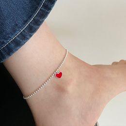 Anklets Real 925 Sterling Silver Red Heart Anklets Woman Beads Ankle Bracelet On The Leg Chain Women Barefoot Summer Jewellery 230816