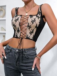 Women's Tanks 2023 Women Fashion Tank Tops Butterfly Embroidery Lace Cross Tie-Up Square Neck Vests Summer Slim Fit Crop Streetwear