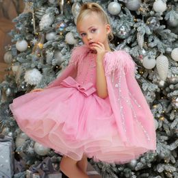 Girl Dresses Girl's Winter Party With Feather Cape Beading Sequin Ball Gown Baby Birthday Tutu Gowns Mini Flower Dress