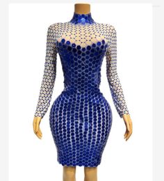 Stage Wear Blue Silver Mirrors Rhinestones Stretch Dress Women Sexy Birthday Celebrate Sequins Dresses Costume Dancer Prom Outfit