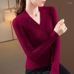 Women's Sweaters Sunken Stripe Knitted Bottoming Shirt For Women 2023 Cross V-neck Pullover Sweater Tight Waist Inner Wear Chic Top