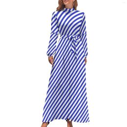 Casual Dresses Diagonal Striped Dress Blue And White Stripes Stylish Beach Female Long-Sleeve High Waist Kawaii Long Maxi