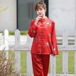 Women's Sleepwear Pritning Flower Chinese Pajamas Sleep Set Shirt Pant Stand Collar Nightwear 2Pcs Embroidery Silk Vintage Button