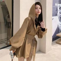 Women's Trench Coats Fashion Korean Hooded Coat For Women Loose Lace Up Solid Retro Lantern Sleeve Windbreaker Casual Cloak Jacket Top Lady