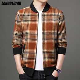 Men's Jackets Top Quality Brand Fashion Woolen Thick Velvet Plaid Casual Baseball Collar Jacket Men Korean Windbreaker Coats Clothes 230816