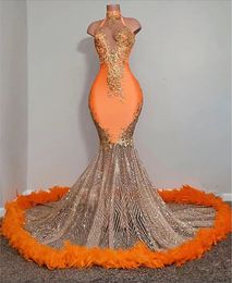 Orange Black Girls Mermaid Prom Dresses 2023 Satin Beading Sequined High Neck Feathers Skirt Evening Party Formal Gowns for Women