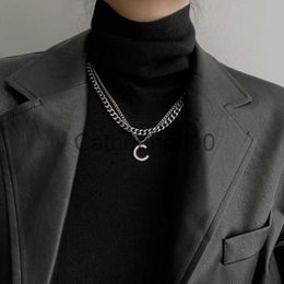 Pendant Necklaces Retro Kpop Letter Necklace Double Lace Stainless Steel Sweater Chain Hipop Choker Couple Necklace For Women Men Jewellery Gift New J230817