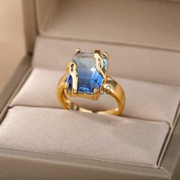 Band Rings Cubic Zircon Blue Square Stone Rings For Women Stainless Steel Square Stone Finger Ring Party Aesthetic Valentine Jewelry Gift J230817