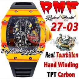 RMF 27-03 Mens Watch Real Tourbillon Hand Winding Red Yellow TPT Quartz Carbon Fibre Case Skeleton Dial Black Rubber Strap 2023 Super Edition Sport eternity Watches