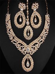 Gold-plated rhinestone necklace earrings forehead chain three-piece set of Indian bride wedding high-grade alloy Jewellery set x0817