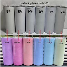 Two Functions Glow in the dark UV Colour Changing Tumbler 20oz Sublimation Tumbler Sun Light Sensing Stainless Steel Straight Skinny Tum Jqgh
