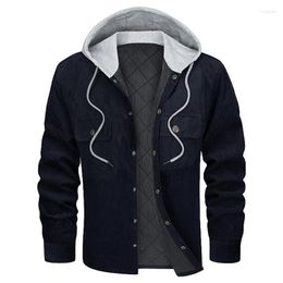 Men's Casual Shirts Winter Corduroy For Men Quilted Lined Hooded Shirt Jacket Military Coat Thicked Warm Hoodies Long Sleeve