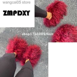 Slippers High Quality Women Slides Fashion Warm Flat Slippers Playful Mongolian Round Toe Fur Slippers Long Hair Girls Shoes Flip Flops T230817