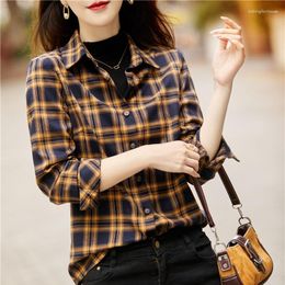 Women's Blouses Fashion Yellow Plaid Shirts Womens Long Sleeve Ladies Office Tops Loose Female Outwear Casual Clothes Spring Autumn S