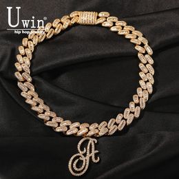 Chokers Uwin 15mm Baugetter Cuban Chain DIY Cursive Letters Miami Link Necklace Gold Silver Plated Luxury Micro Paved CZ 230817