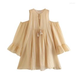 Casual Dresses 2023 Summer Round Neck Long Sleeve Strapless Short Style Loose Dress Fashion Tassel Tie Mini Skirt
