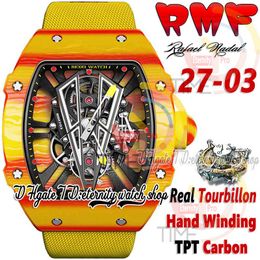 RMF 27-03 Mens Watch Real Tourbillon Hand Winding Red Yellow TPT Quartz Carbon Fibre Case Skeleton Dial Yellow Nylon Strap 2023 Super Edition Sport eternity Watches